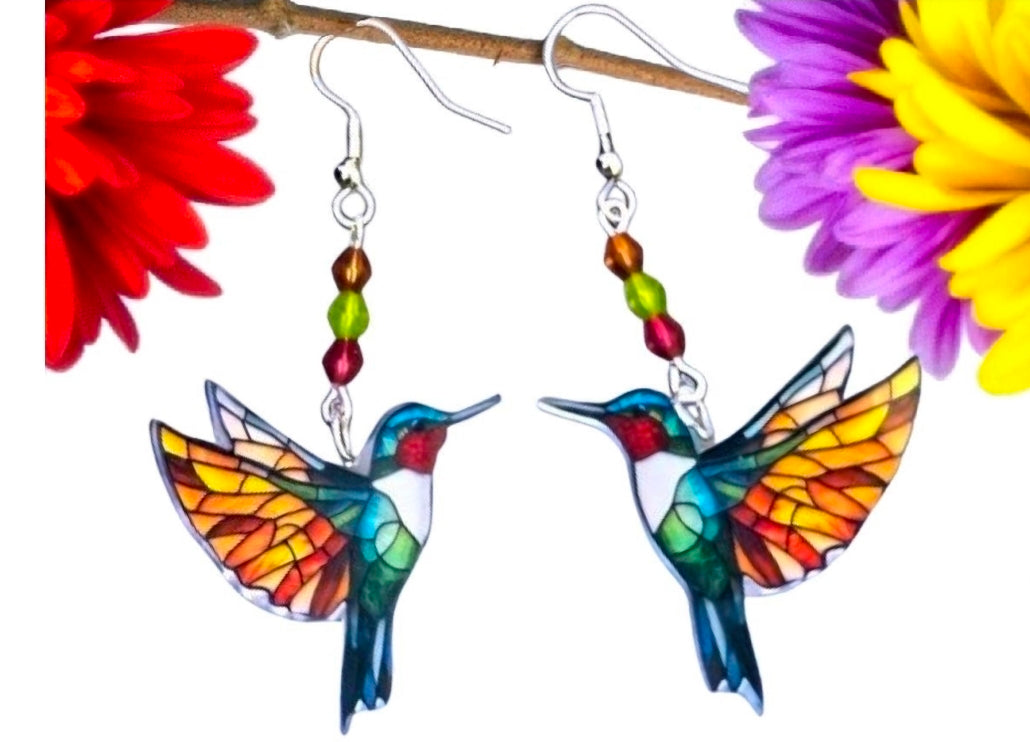 Realistic Hummingbird Earrings – Stained Glass Wings with 3D Body – Nectar Crystal Beads – Sterling Silver