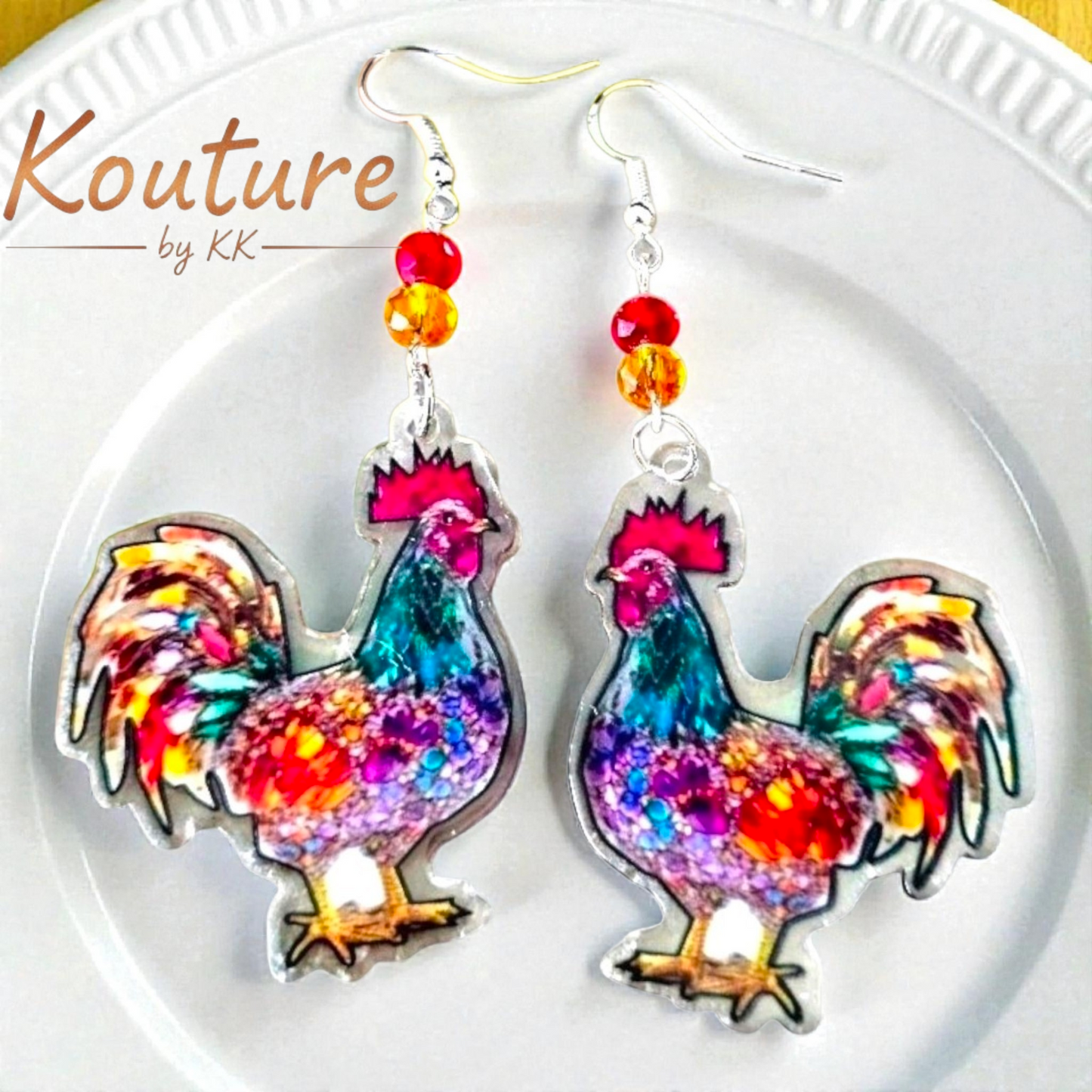 Colorful Rooster Earrings with Crystal Beads – Western Cowgirl Farmhouse Jewelry