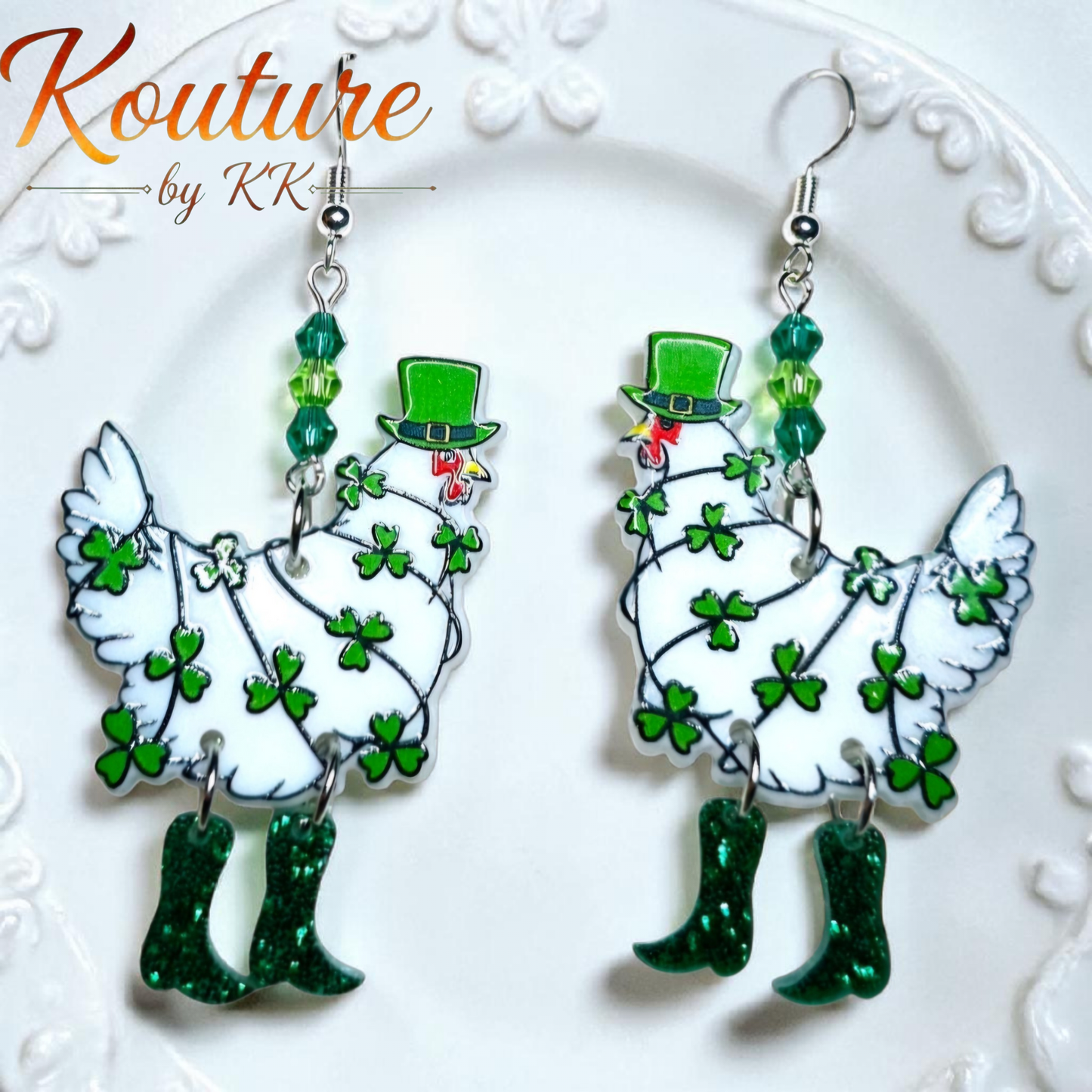 St. Patrick's Day Chicken Earrings – Shamrock Acrylic Dangles with Crystal Beads & Sterling Silver Hooks