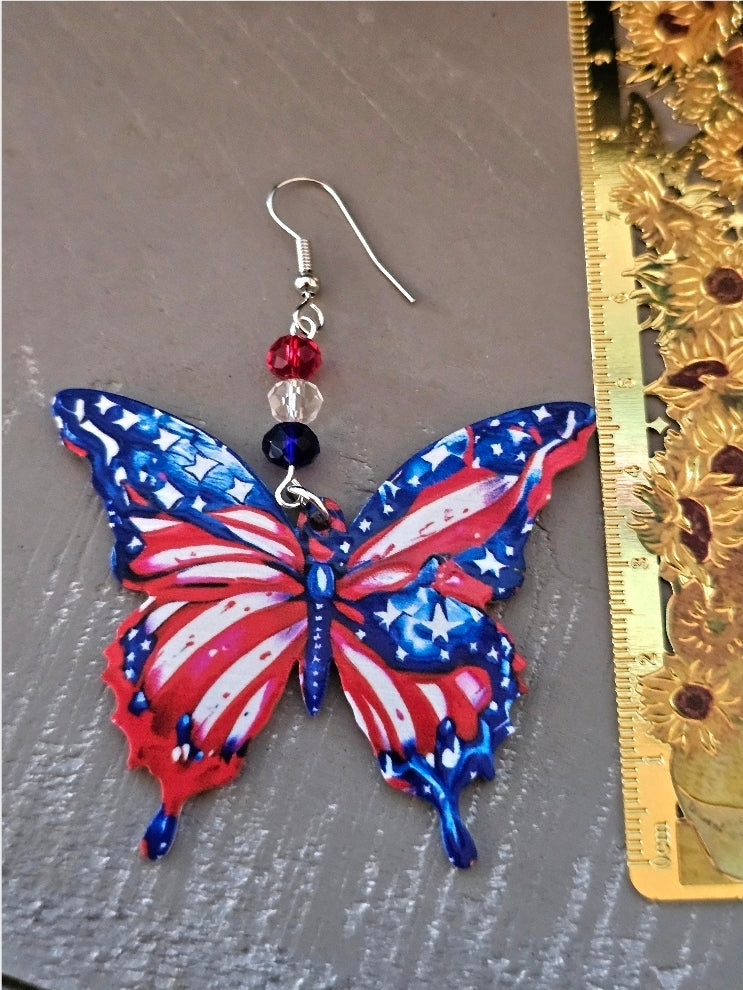 Patriotic Butterfly Earrings – Acrylic & Resin with Crystal Beads