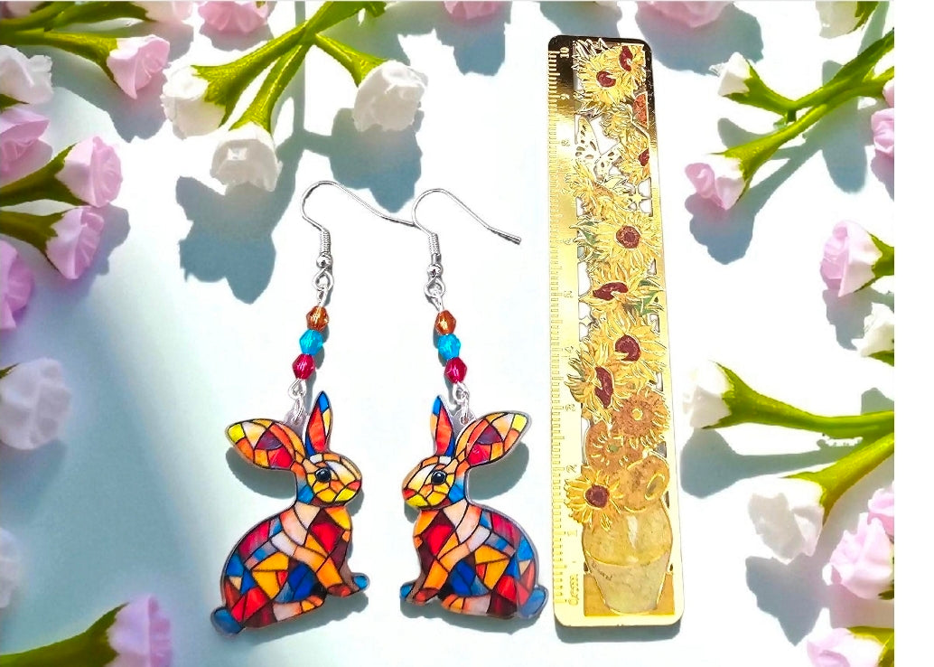 Rabbit Stained Glass Earrings - Colorful Mosaic Bunny with Crystal Beads, Sterling Silver Hooks