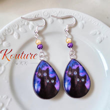 Load image into Gallery viewer, Black Cat Galaxy Dangle Earrings – Glass Dome Teardrop &amp; Beaded | Kouture by KK
