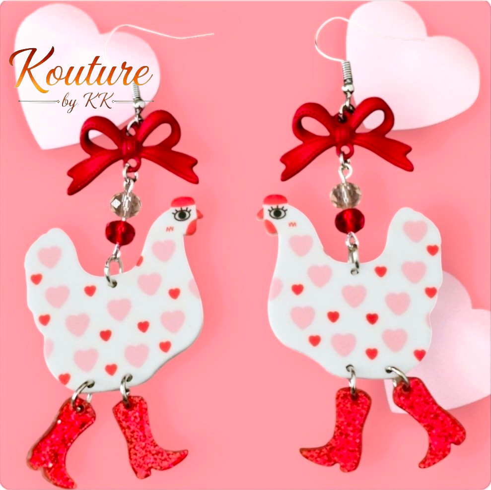 Heart Chicken in Boots — Acrylic Dangle Earrings with Red Bow & Crystal Beads