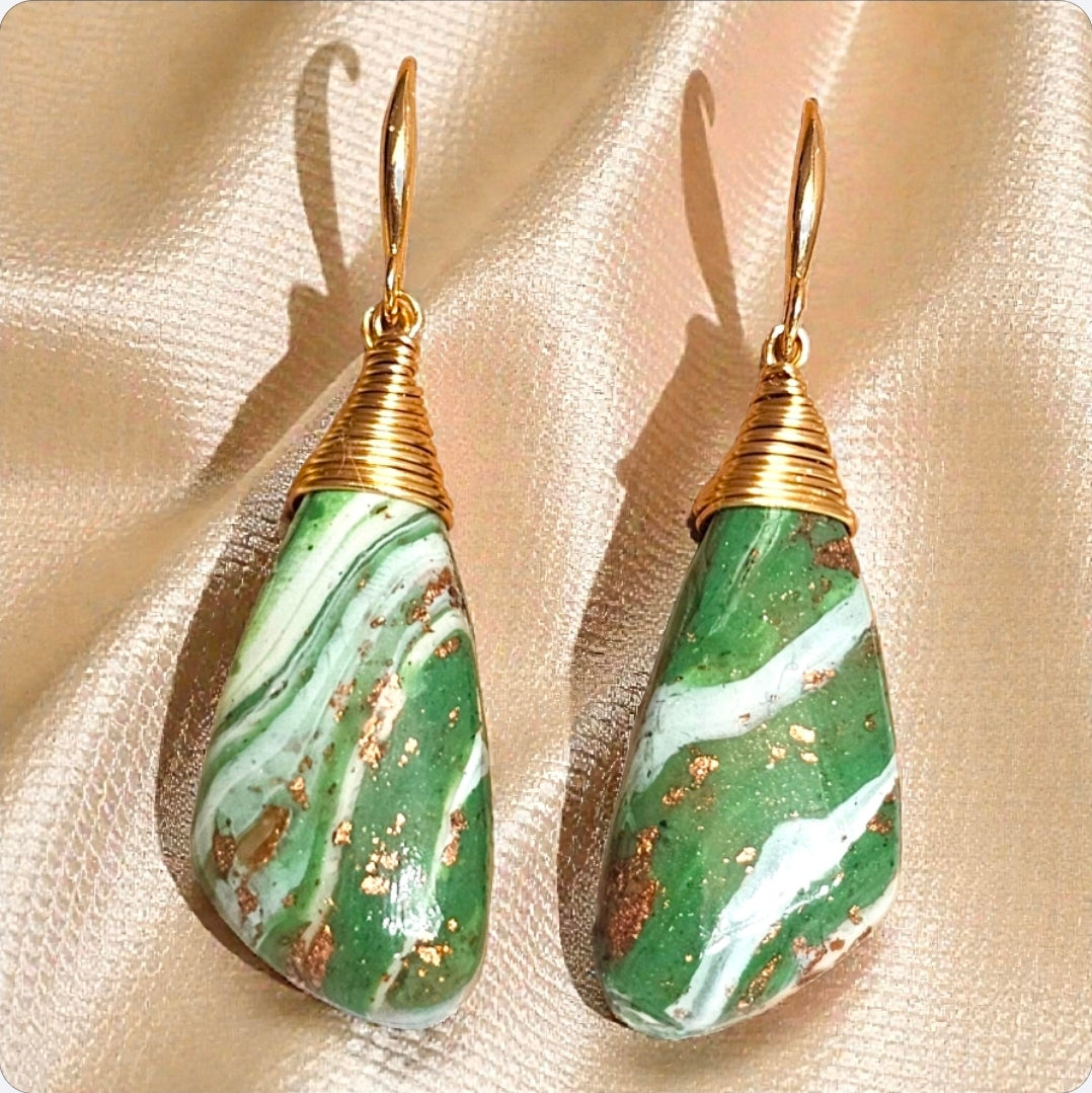 Olive Green Sculpted Earrings with Gold Leaf – Signature Wire-Wrapped Polymer Clay Dangles