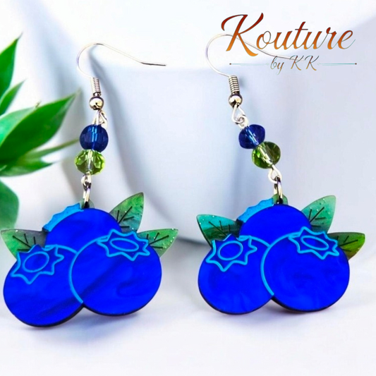 Blueberry Earrings | Acrylic Fruit Dangle Earrings with Crystal Beads & Sterling Silver Hooks
