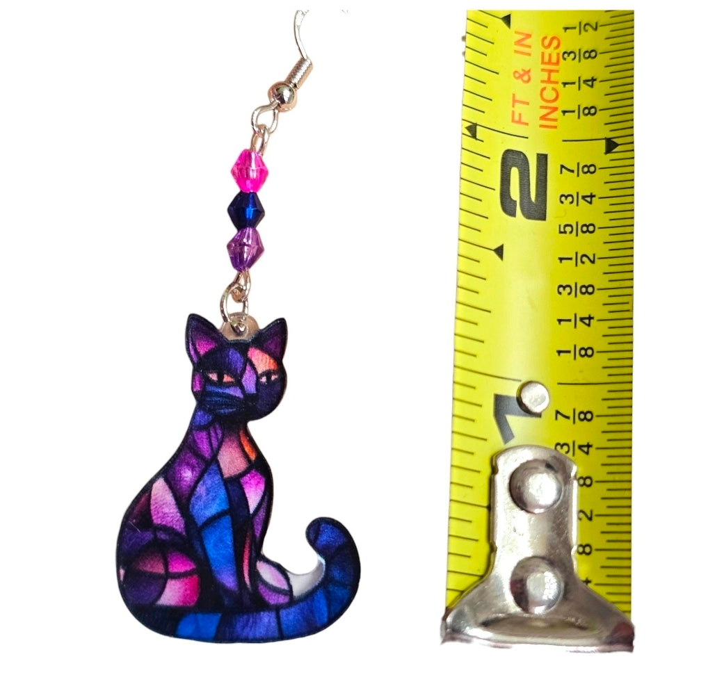 Stained Glass Cat Earrings – Purple Pink Acrylic with Crystal Beads – Sterling Silver Hooks