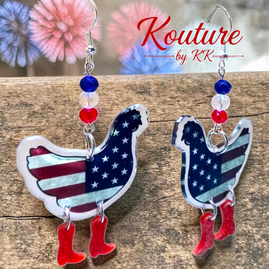 Patriotic Chicken in Boots — USA Flag Acrylic Dangle Earrings with Crystal Beads