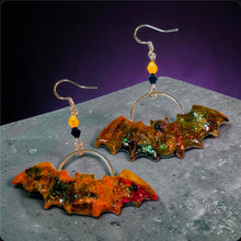 Load image into Gallery viewer, Halloween Bat Earrings – Handmade Polymer Clay Black &amp; Orange | Kouture by KK
