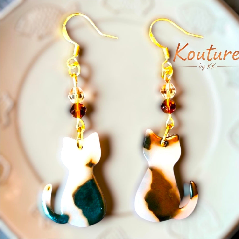 Calico Cat Earrings | Acrylic Kitty Dangle Earrings with Crystal Beads | 18K Gold or Sterling Silver Hooks