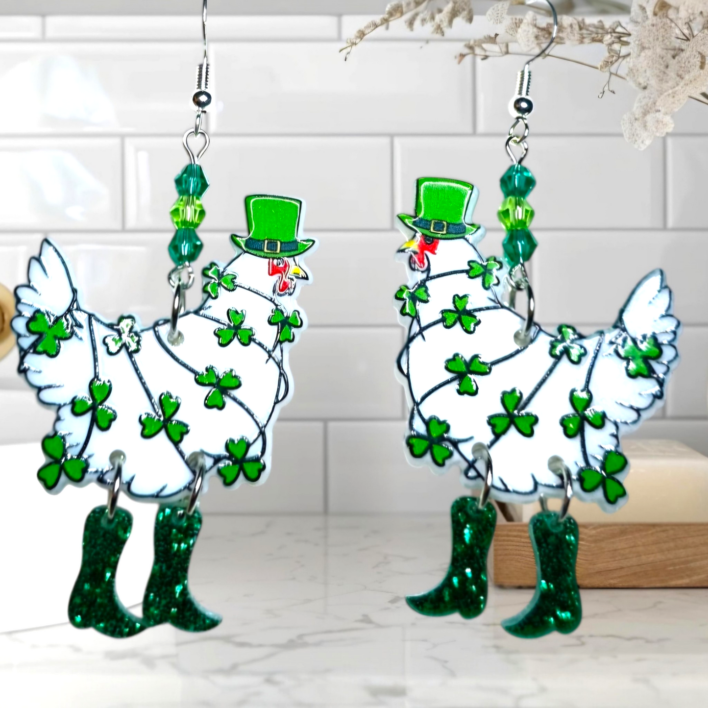 St. Patrick's Day Chicken Earrings – Shamrock Acrylic Dangles with Crystal Beads & Sterling Silver Hooks