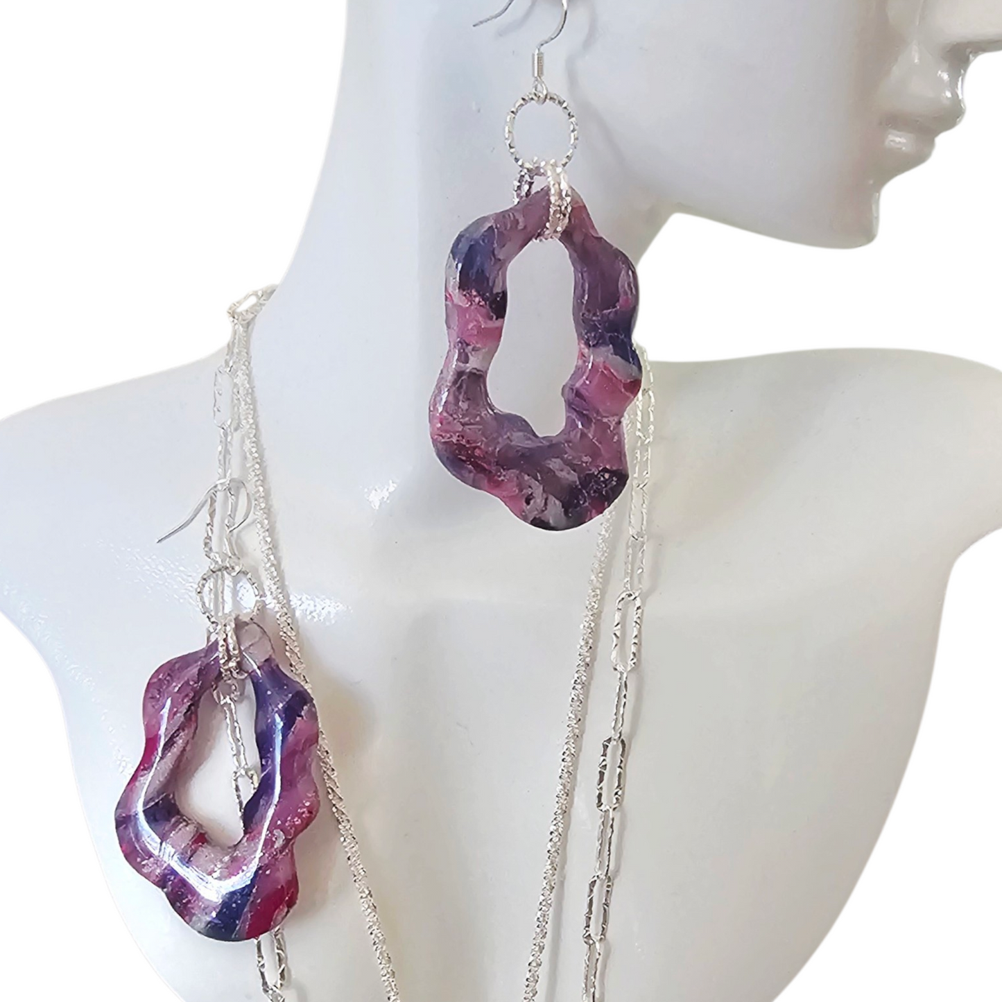 Purple Galaxy Wave Set – Hand-Sculpted Polymer Clay Double Necklace & Earrings with Silver Foil | One of a Kind Artisan Jewelry