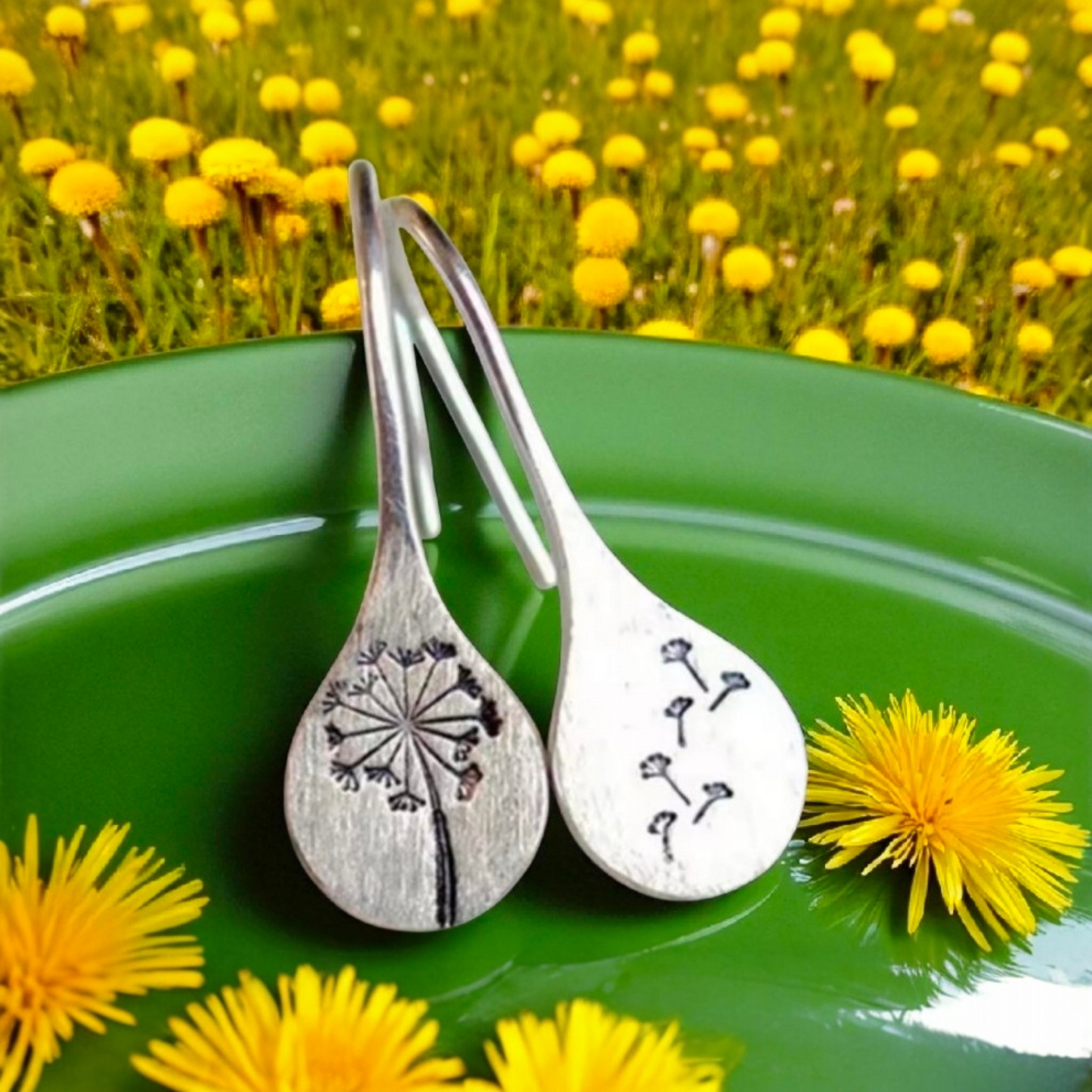 Dandelion Earrings - Hand-Stamped Flower Jewelry, Bohemian Metal Teardrop Earrings