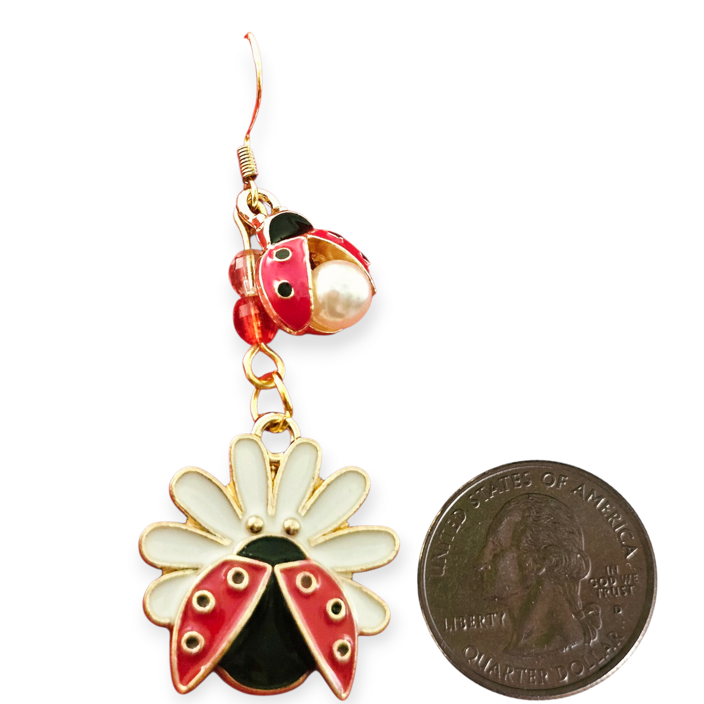 Ladybug Pearls & Daisy Dangle Earrings – Gold Nature Jewelry with Crystal Beads for Garden Lovers