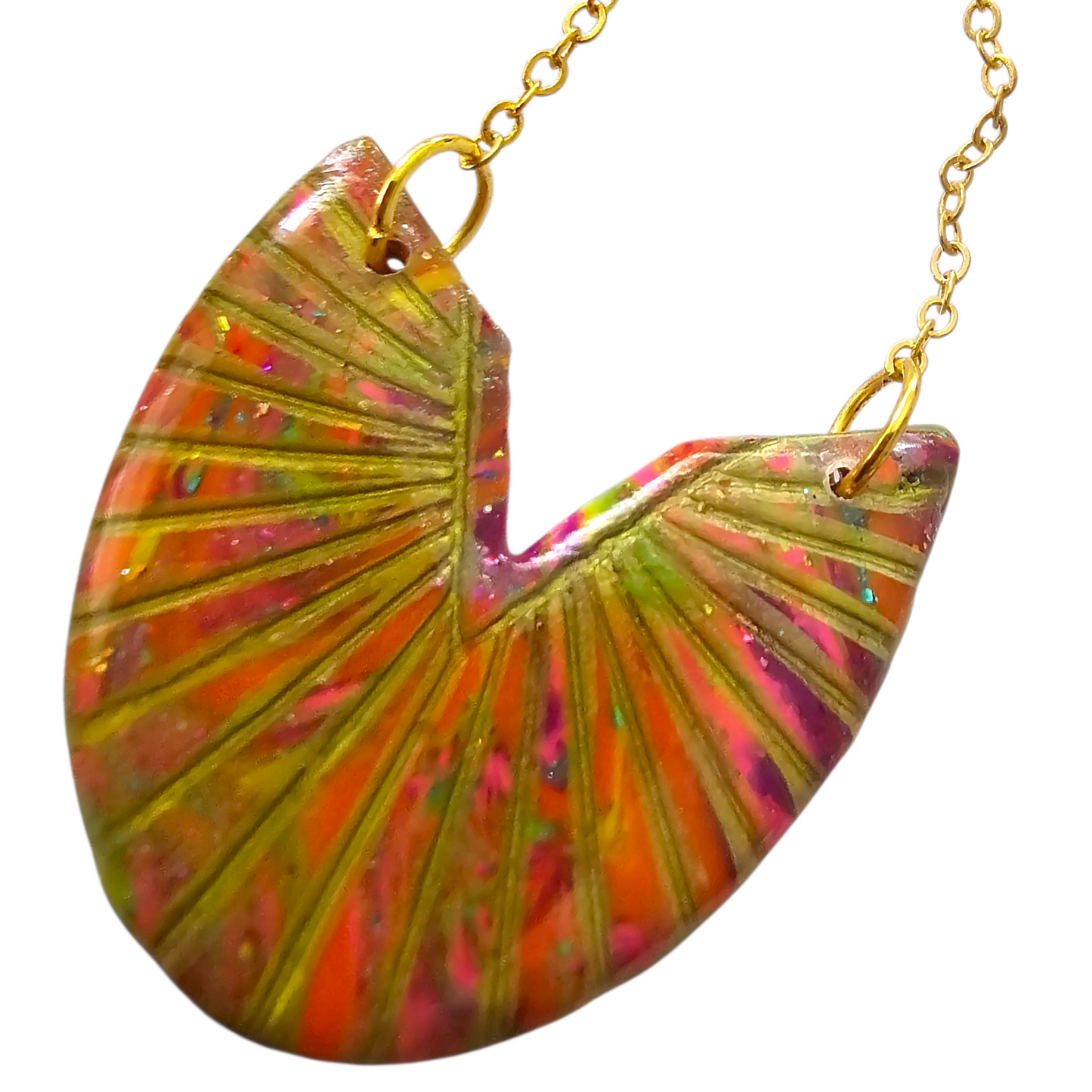 Sculpted Fan Pendant Necklace — Handmade Polymer Clay Statement Necklace in Citrus Sunset | Kouture by KK Signature Collection