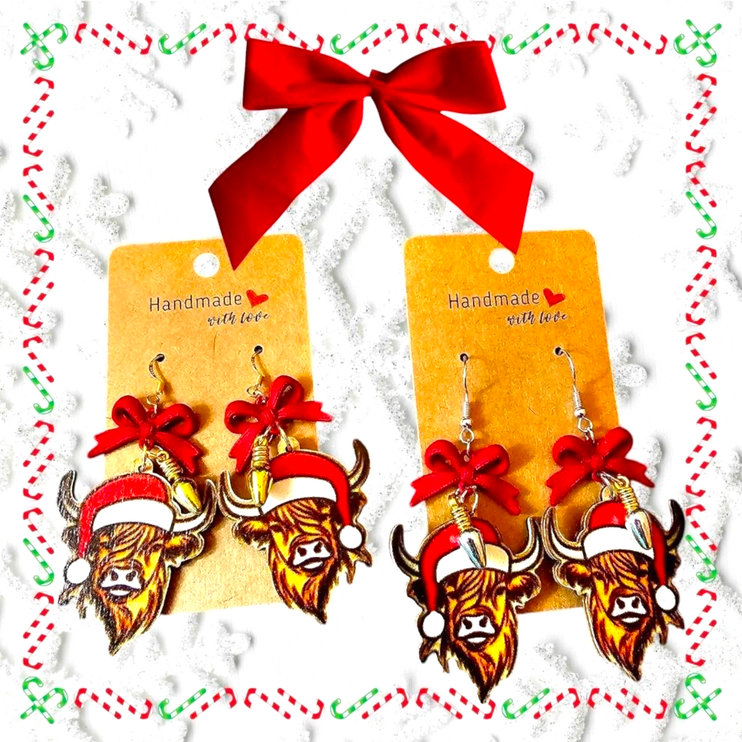 Highland Cow Christmas Earrings – Festive Acrylic & Resin Dangles with Red Metal Bow