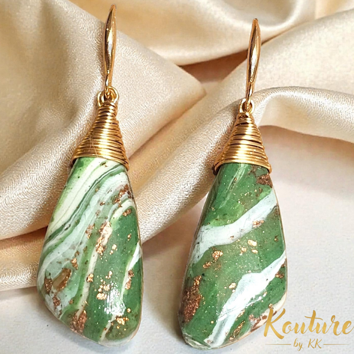 Olive Green Sculpted Earrings with Gold Leaf – Signature Wire-Wrapped Polymer Clay Dangles