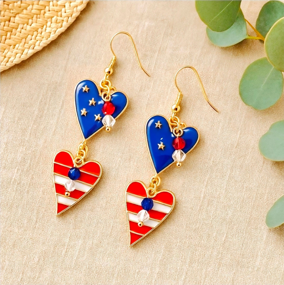 4th of July Heart Earrings | American Flag Double Heart Dangle Earrings