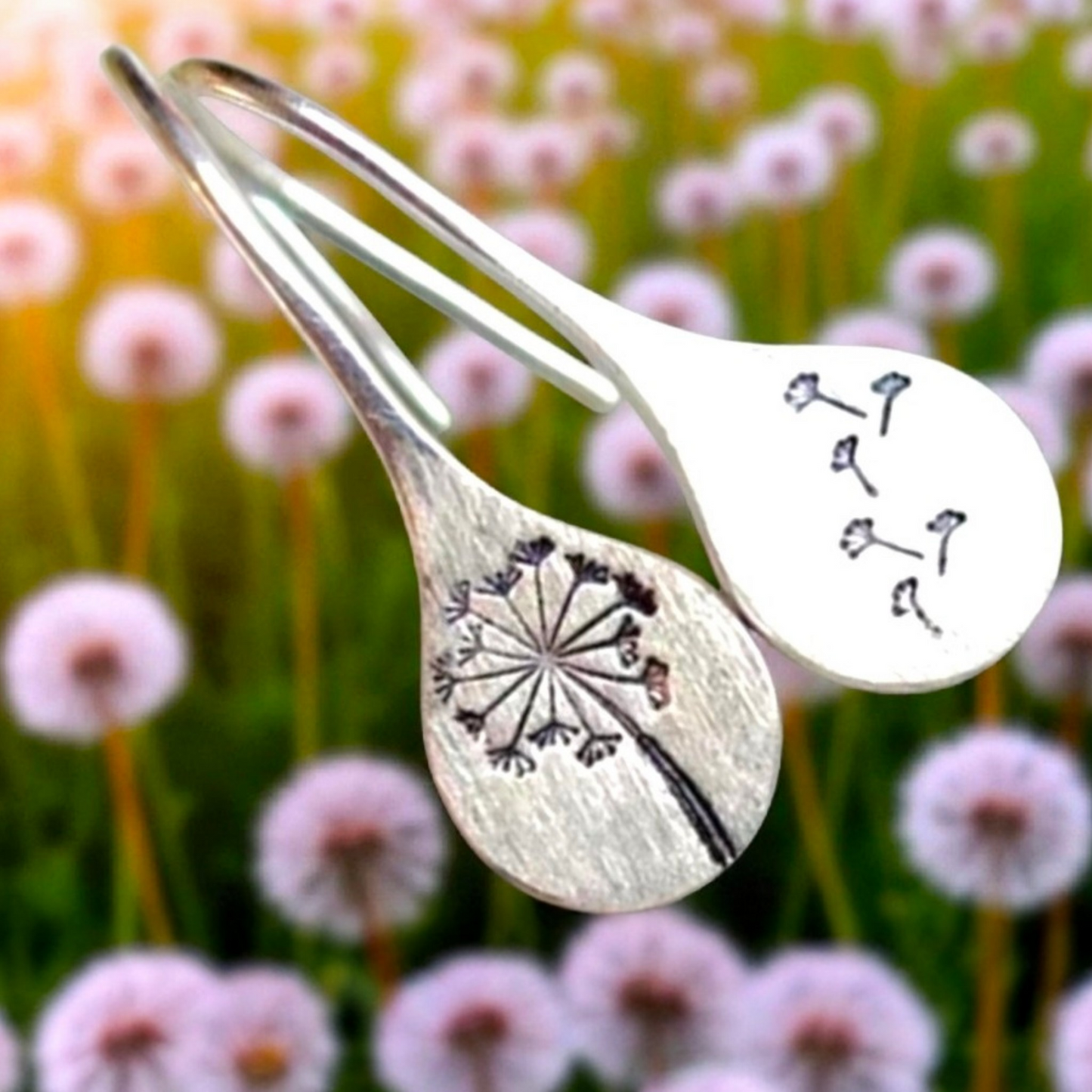Dandelion Earrings - Hand-Stamped Flower Jewelry, Bohemian Metal Teardrop Earrings