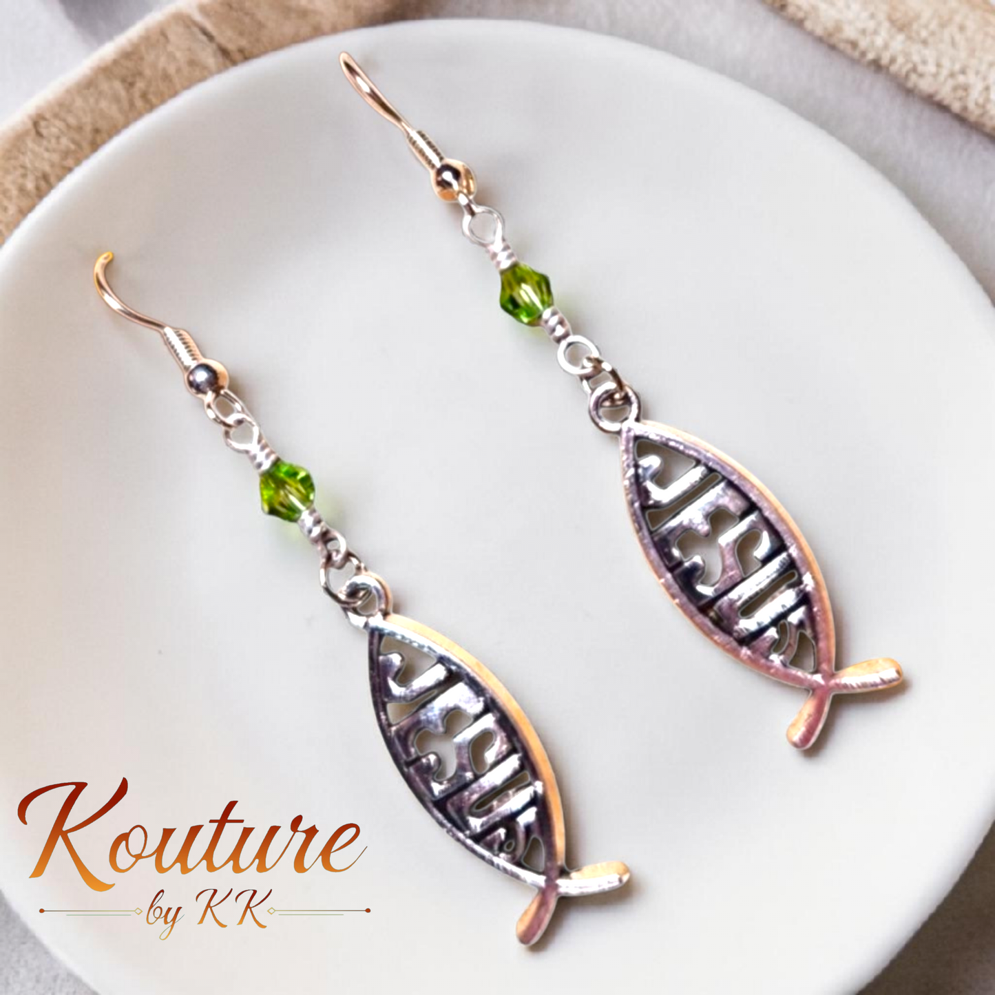 Jesus Fish Earrings | Silver Christian Ichthys Dangle Earrings with Green Crystal Beads | Sterling Silver Hooks