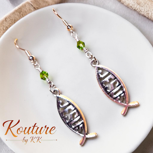 Jesus Fish Earrings | Silver Christian Ichthys Dangle Earrings with Green Crystal Beads | Sterling Silver Hooks