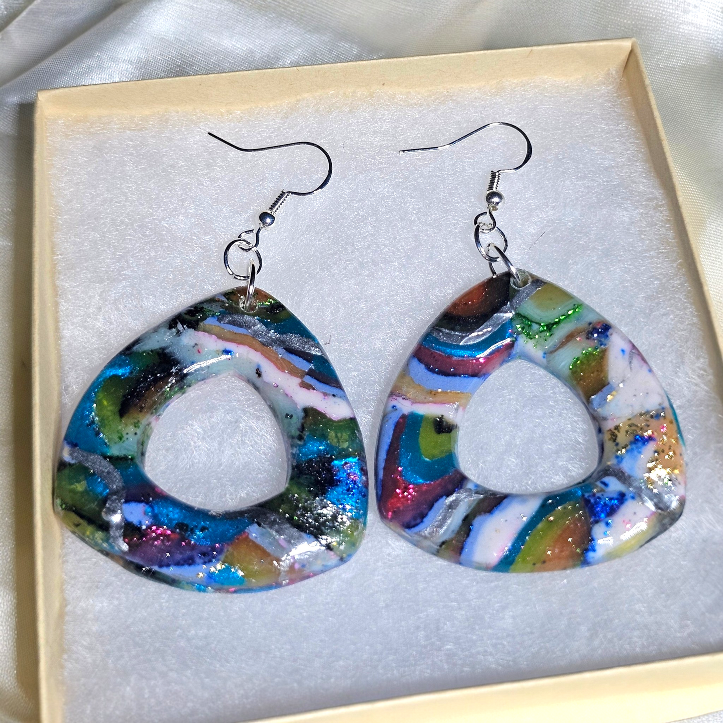 Rainbow Kaleidoscope Rounded Triangle Signature Set – Hand-Sculpted Polymer Clay Necklace & Earrings with Custom Chain | One of a Kind Artisan Jewelry