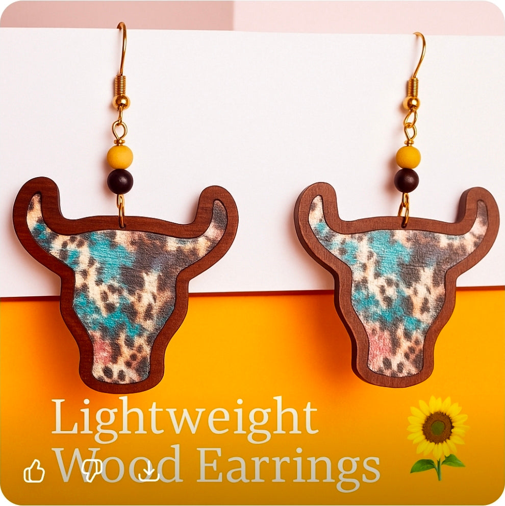 Wood Cow Skull Earrings – Western Cowgirl Boho Jewelry with Beaded Detail