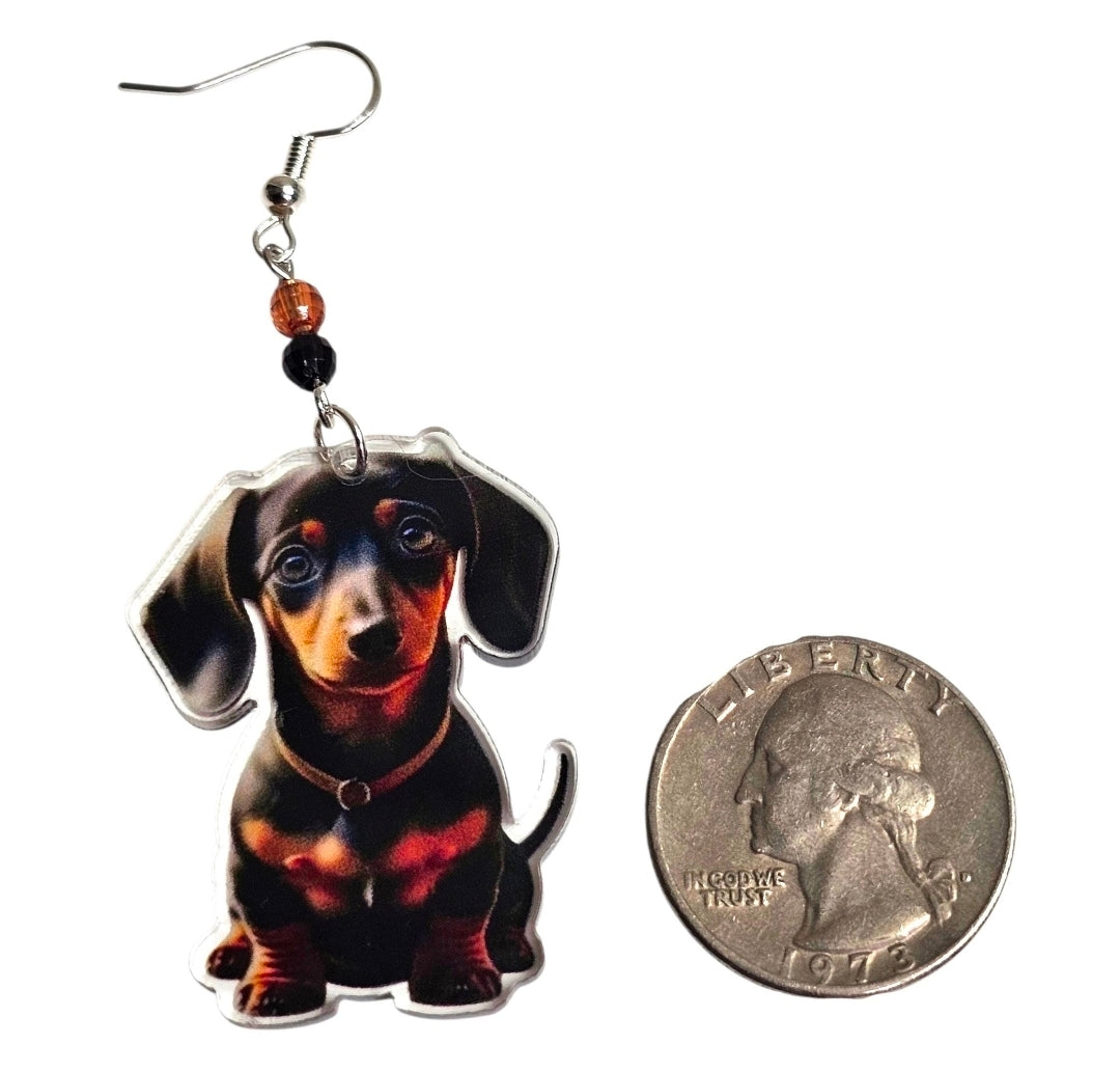 Black and Tan Dachshund Dog Earrings – Acrylic Pet Jewelry with Crystal Beads