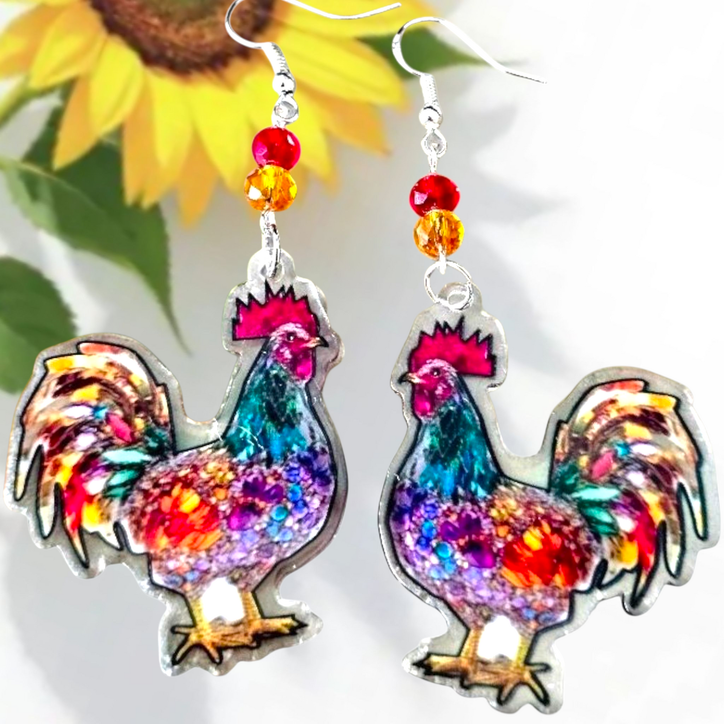 Colorful Rooster Earrings with Crystal Beads – Western Cowgirl Farmhouse Jewelry