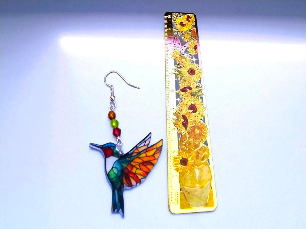 Realistic Hummingbird Earrings – Stained Glass Wings with 3D Body – Nectar Crystal Beads – Sterling Silver