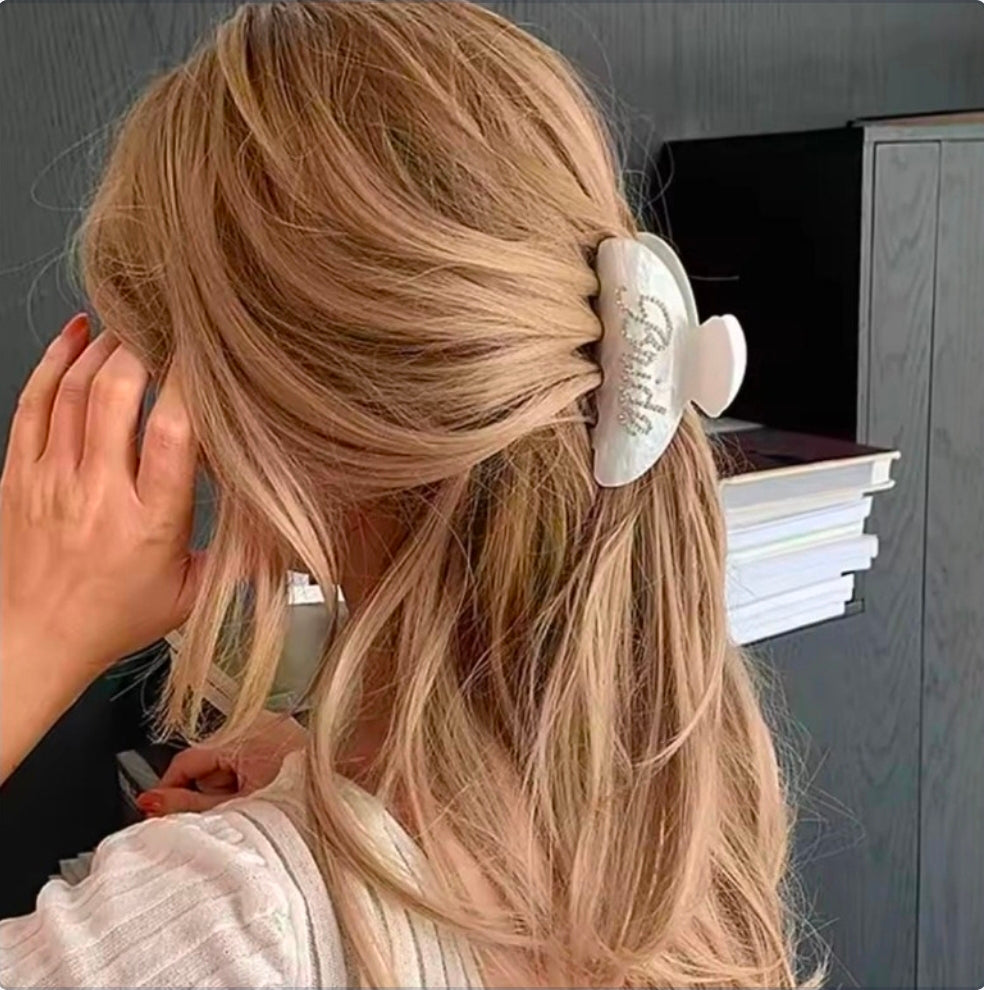 Bride Hair Claw Clip | Pearl White Acrylic with Rhinestone Script