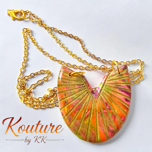 Sculpted Fan Pendant Necklace — Handmade Polymer Clay Statement Necklace in Citrus Sunset | Kouture by KK Signature Collection