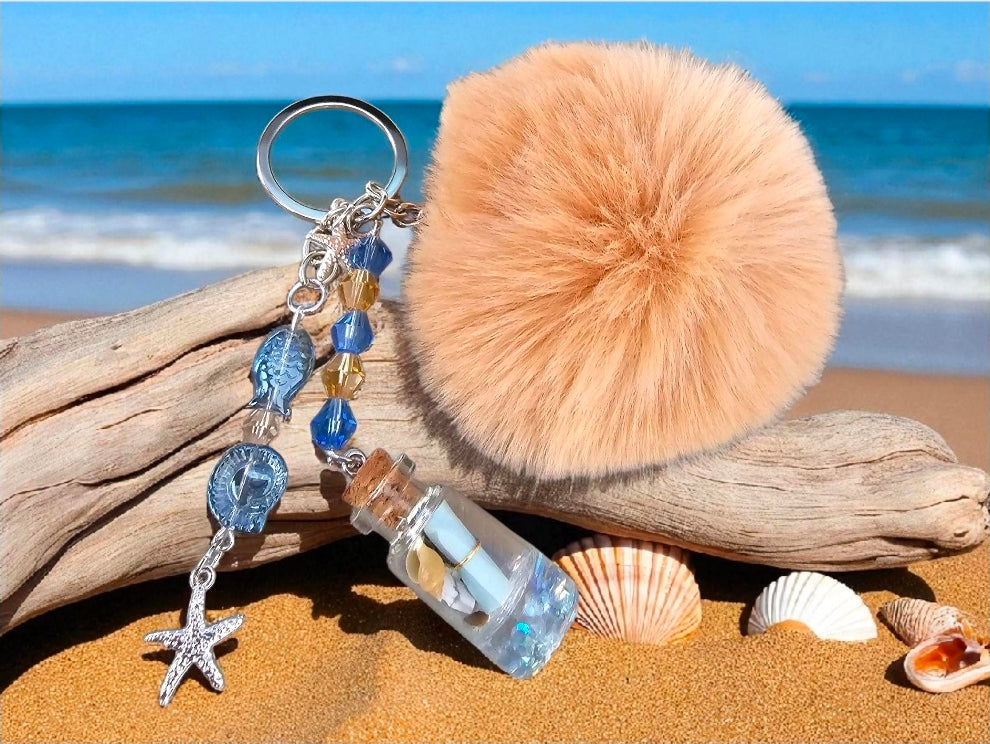Beach Keychain: Starfish, Glass Bottle with Shell Beads & Pom Pom
