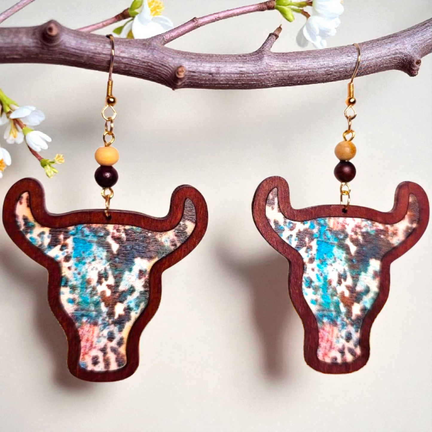 Wood Cow Skull Earrings – Western Cowgirl Boho Jewelry with Beaded Detail