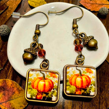 Load image into Gallery viewer, Harvest Pumpkin Earrings – Antique Bronze Fall Dangle Earrings with Acorn Charm
