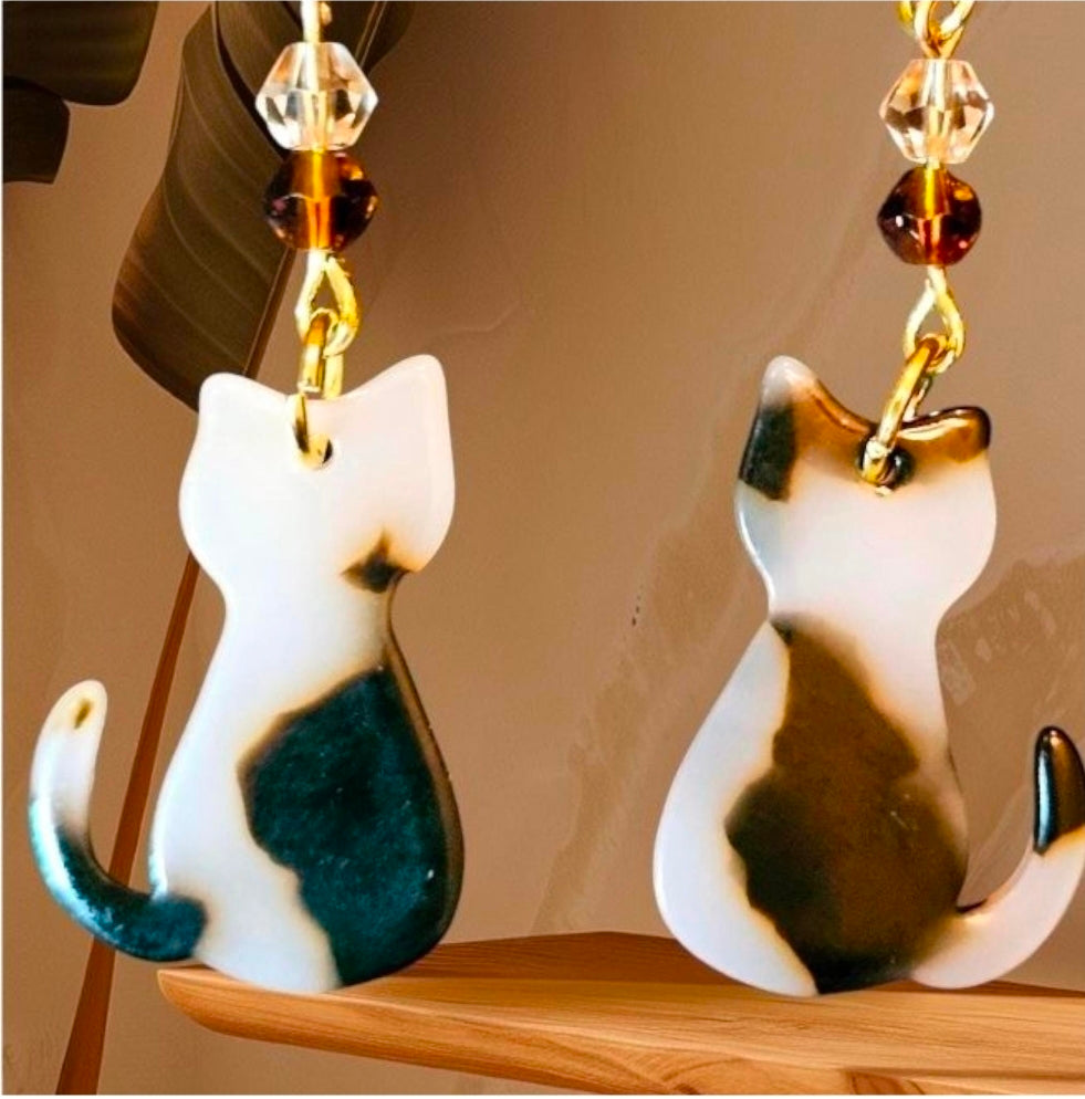 Calico Cat Earrings | Acrylic Kitty Dangle Earrings with Crystal Beads | 18K Gold or Sterling Silver Hooks