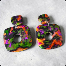 Load image into Gallery viewer, Halloween Polymer Clay Earrings | Purple Gold Foil Sculpted Dangle Studs | Handmade Artisan Earrings | Kouture by KK Signature Collection

