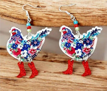 Load image into Gallery viewer, Chicken Earrings. Flower Chicken Boot Earrings. Dangling Boots Chicken Earring with Cyrstal matching beads. Chicken Jewelry. Chicken Gifts,
