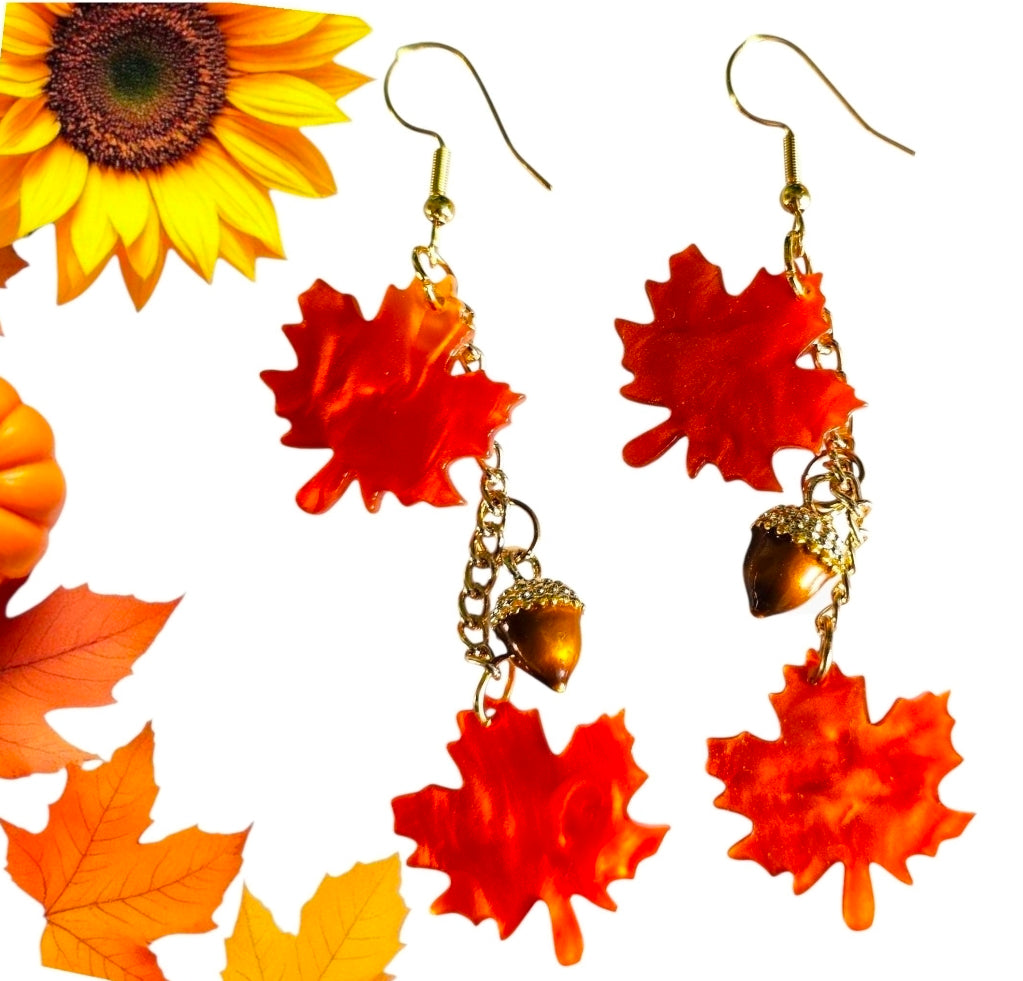 Autumn Orange Fall Leaf Earrings with Acorn – Long Dangle Earrings on Gold Chain