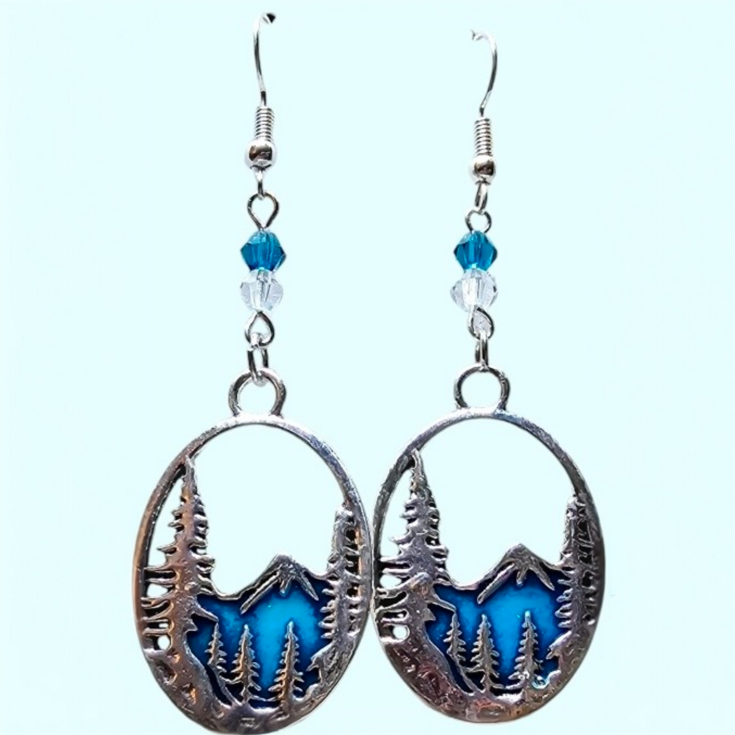 Mountain Scene Oval Dangle Earrings – Crystal Blue Resin & Silver with Crystal Bead Accents