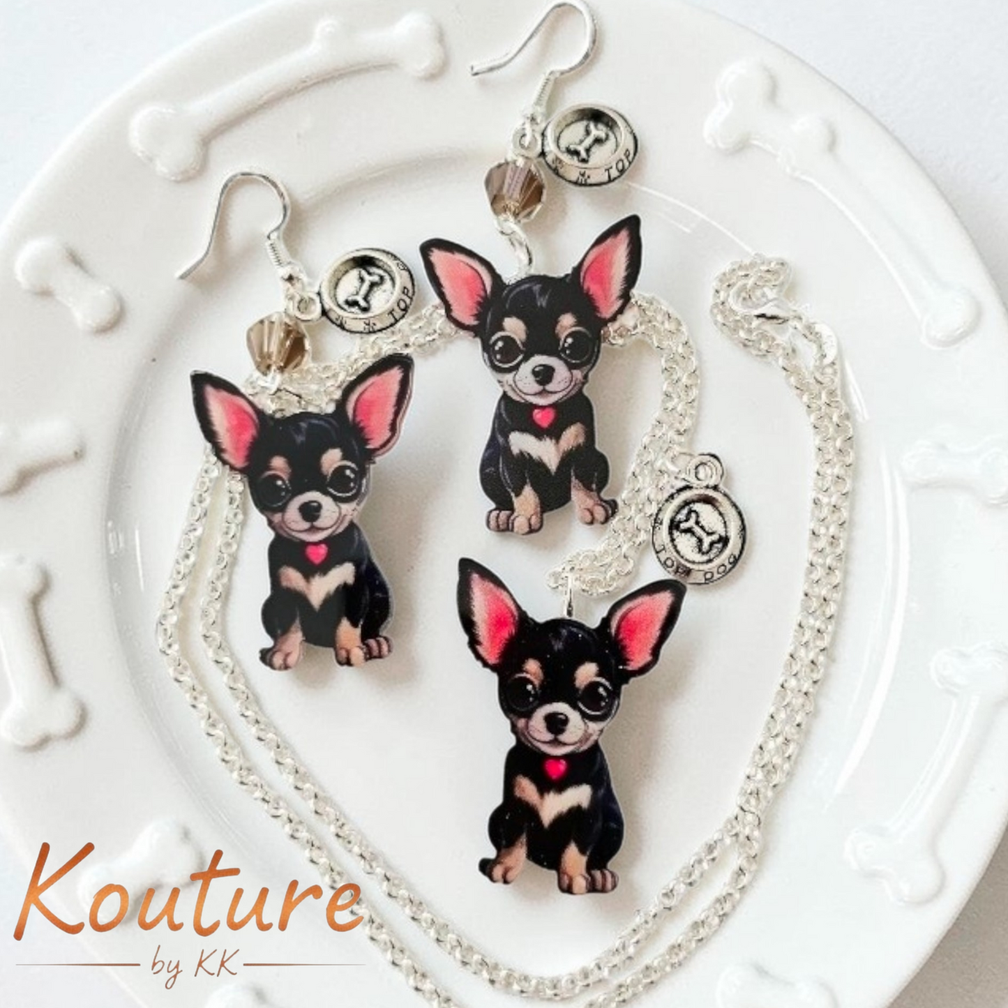 Black and Tan Chihuahua Dog Jewelry Set – Necklace & Earrings with Crystal Beads – Sterling Silver