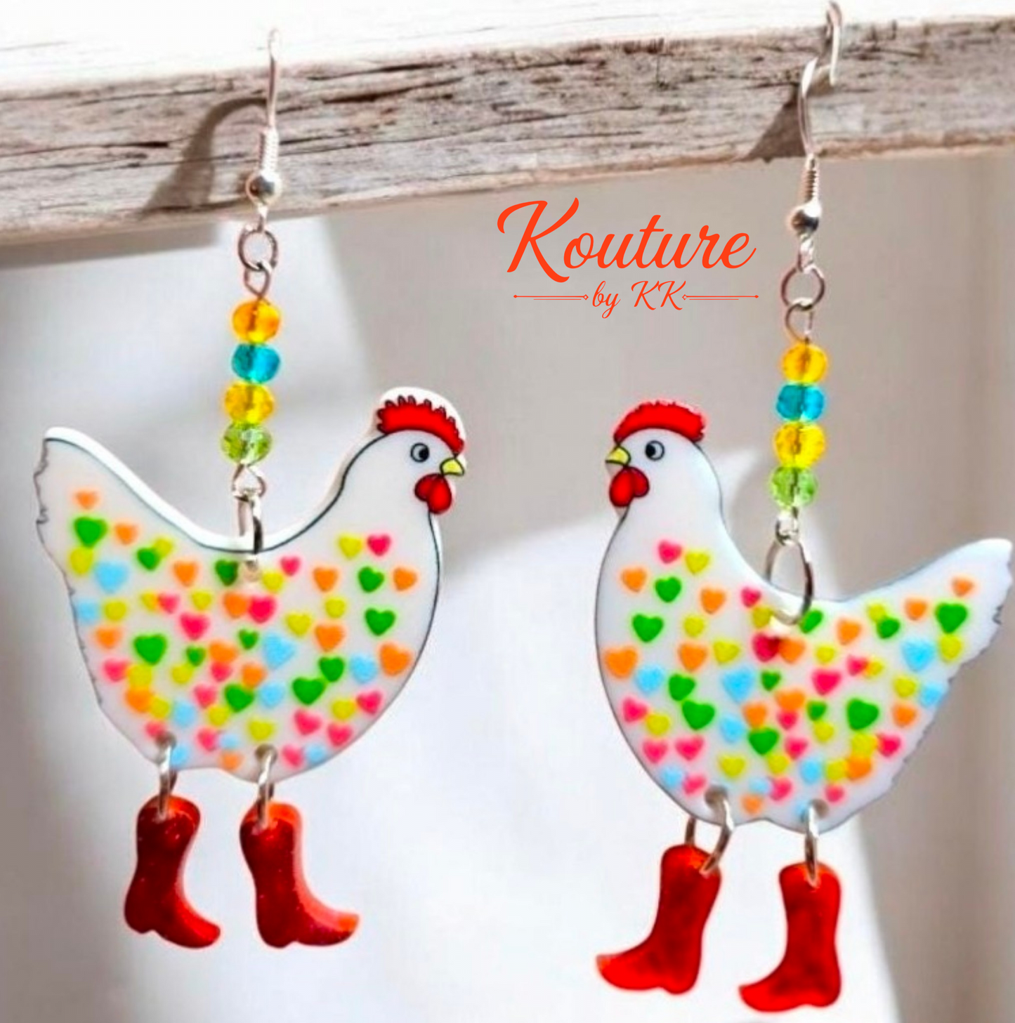 Chicken Earrings: Acrylic Heart Chicken with Dangling Boots and Sterling Silver Hooks