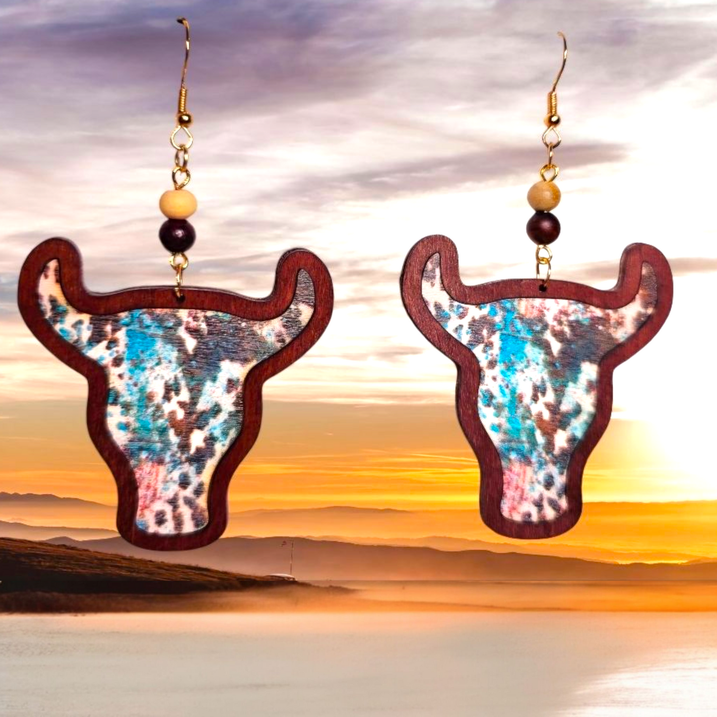 Wood Cow Skull Earrings – Western Cowgirl Boho Jewelry with Beaded Detail