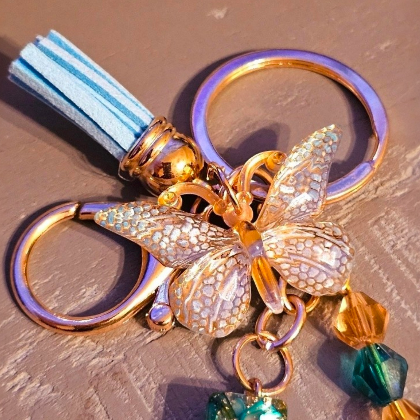 Faith Cross Keychain - Blue Teal | Handcrafted with Gold Leaf & Crystal Beads