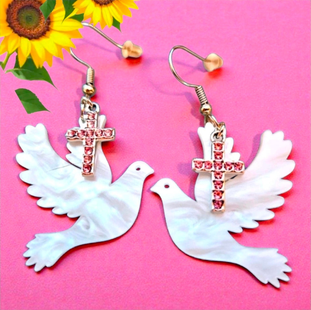 Handmade Dove with Pink Cross Earrings - Faith Jewelry for Women, Lightweight Christian Gift, Religious Dangle Earrings (Copy)