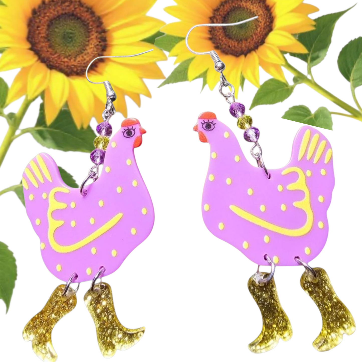 Lavender Chicken Glitter Gold Dangle Boot Earrings – Acrylic Chicken Jewelry with Crystal Beads