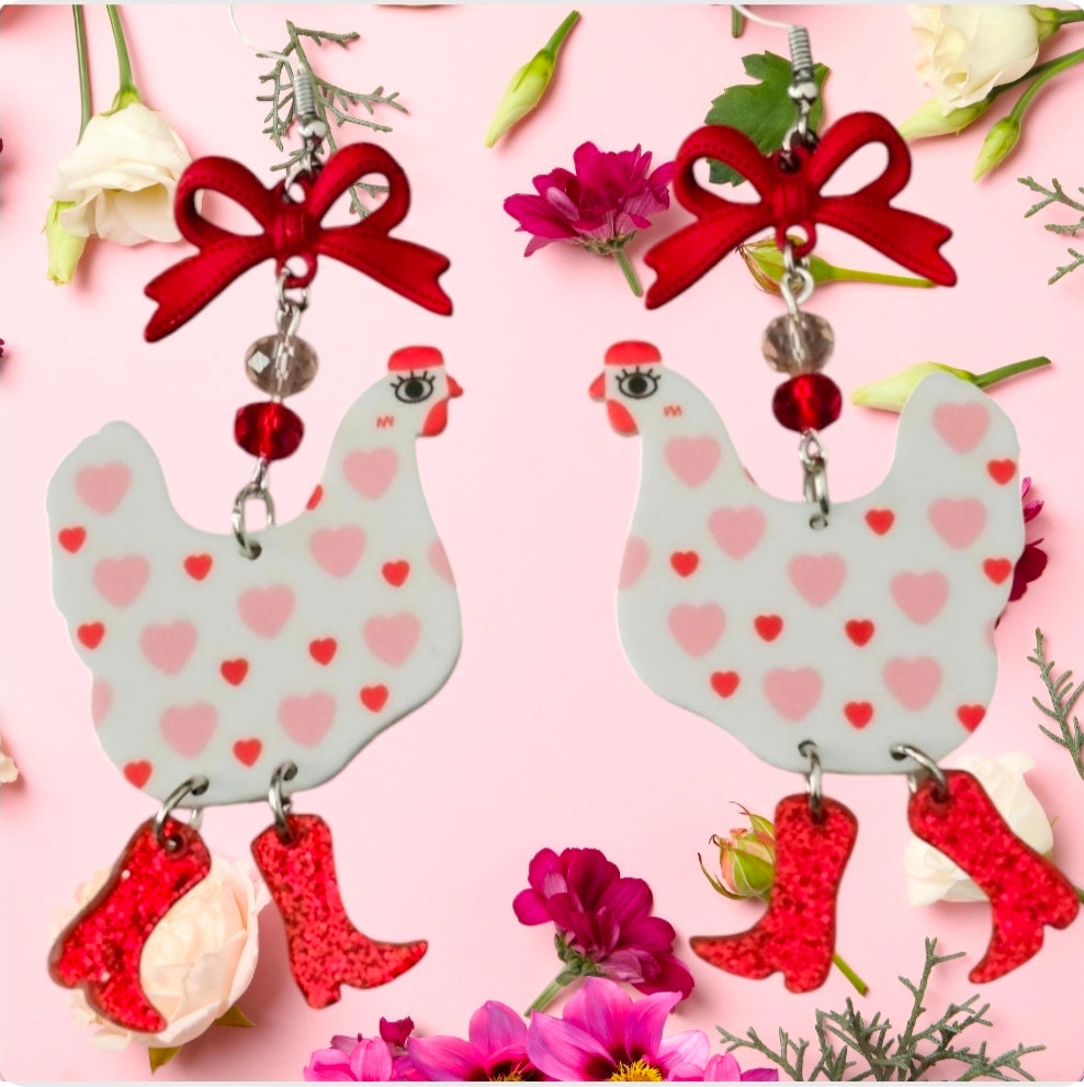 Heart Chicken in Boots — Acrylic Dangle Earrings with Red Bow & Crystal Beads