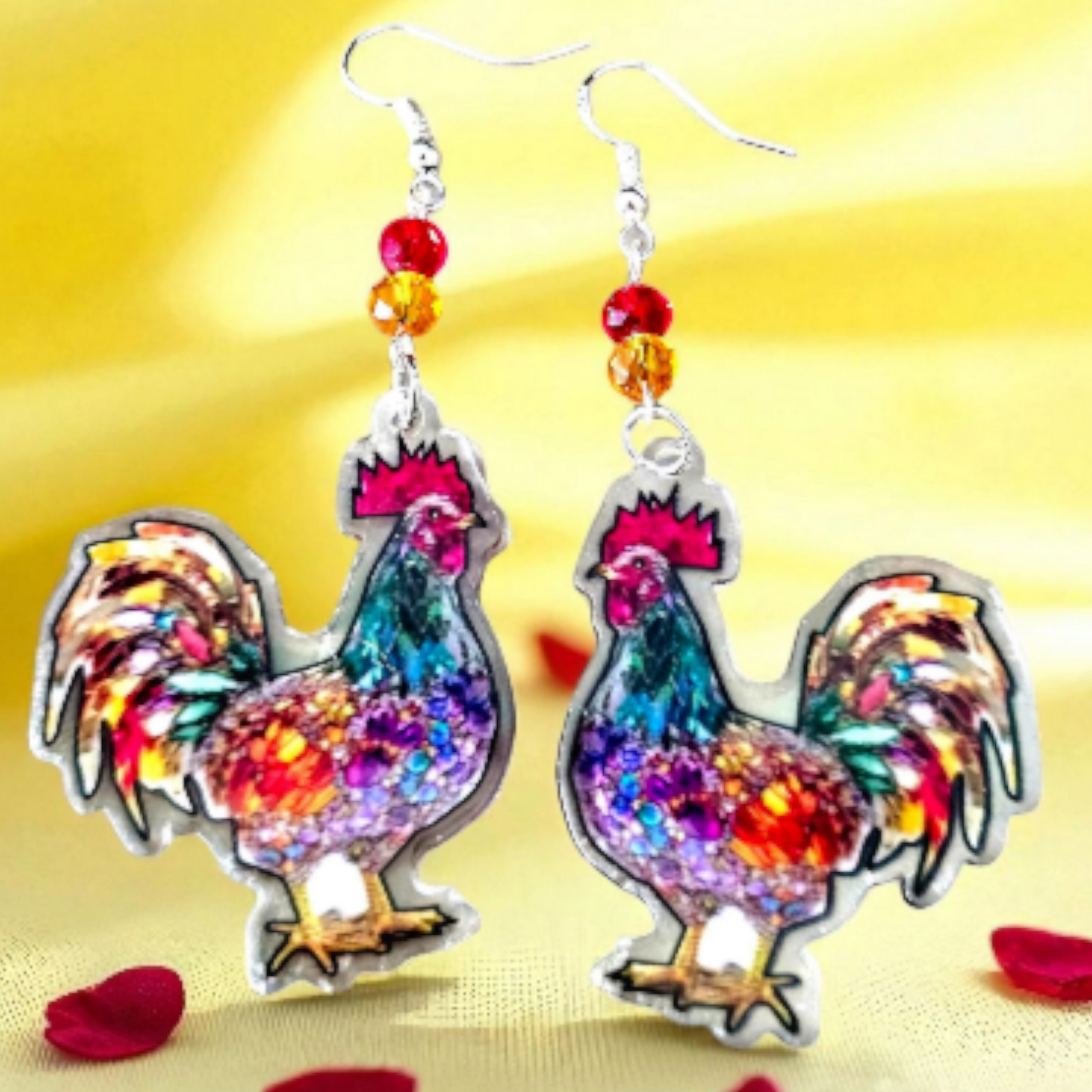 Colorful Rooster Earrings with Crystal Beads – Western Cowgirl Farmhouse Jewelry