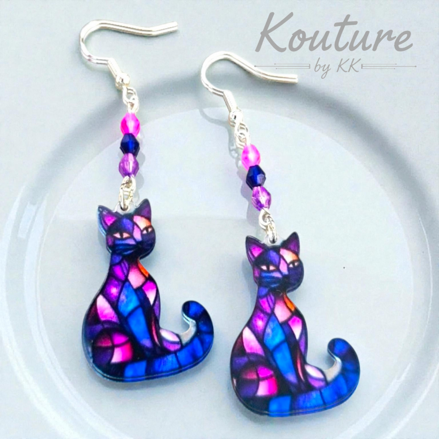 Stained Glass Cat Earrings – Purple Pink Acrylic with Crystal Beads – Sterling Silver Hooks