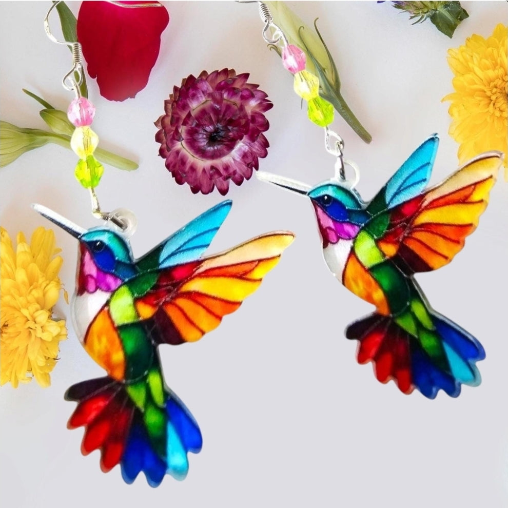 Rainbow Hummingbird Acrylic Earrings – Stained Glass Style Bird Dangles