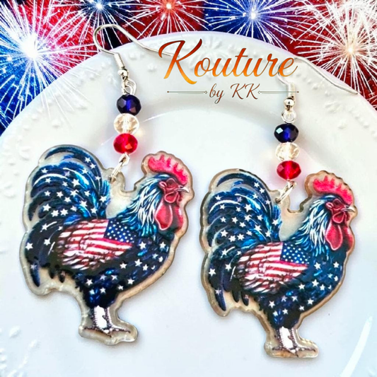 Patriotic Rooster Earrings – Stars & Stripes Acrylic Dangle Earrings